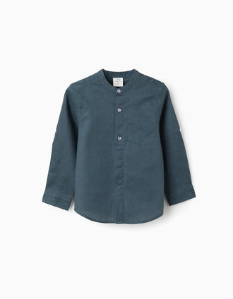 Camisa de manga comprida em linho com gola mao para menino, azul-cinza