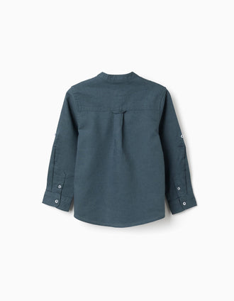 Camisa de manga comprida em linho com gola mao para menino, azul-cinza
