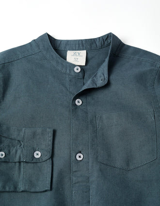 Camisa de manga comprida em linho com gola mao para menino, azul-cinza