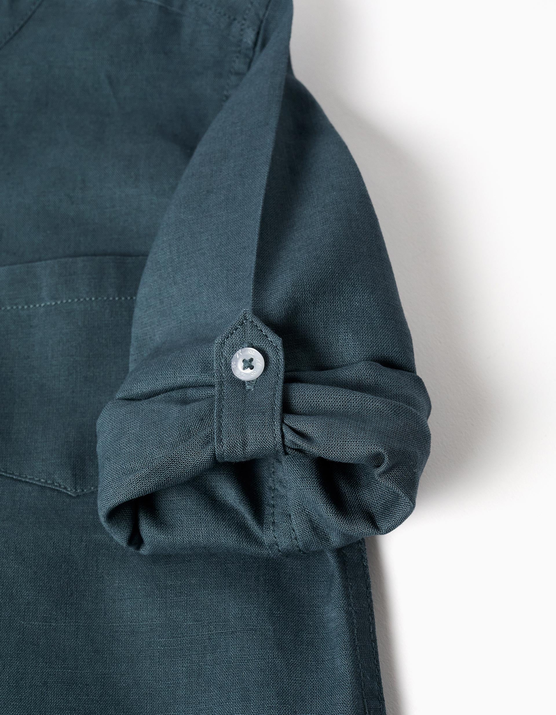 Camisa de manga comprida em linho com gola mao para menino, azul-cinza