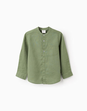 Camisa de manga comprida em linho com gola mao para menino, verde