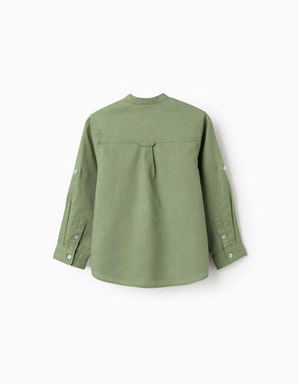 Camisa de manga comprida em linho com gola mao para menino, verde