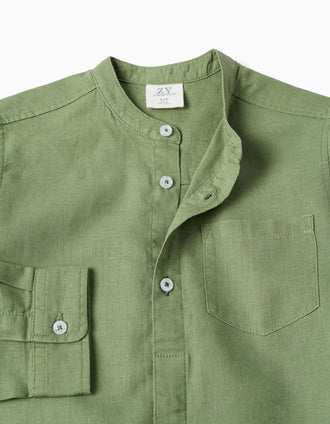 Camisa de manga comprida em linho com gola mao para menino, verde