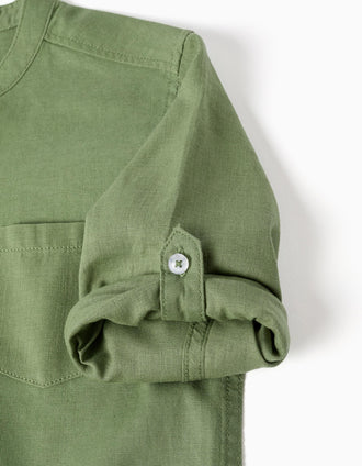Camisa de manga comprida em linho com gola mao para menino, verde
