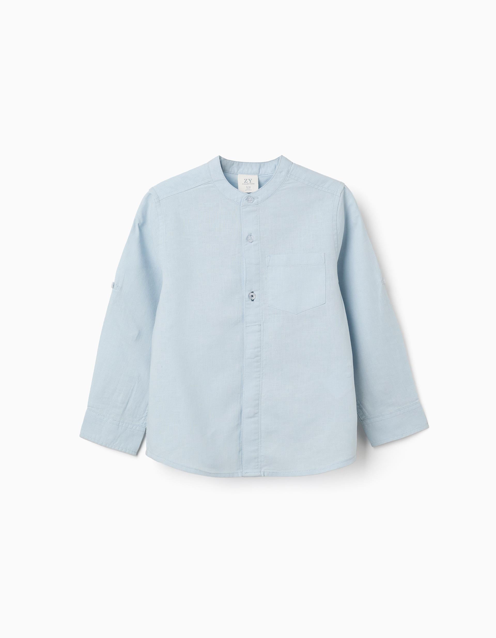 Long sleeve shirt in linen and cotton with mao collar for boys, light blue