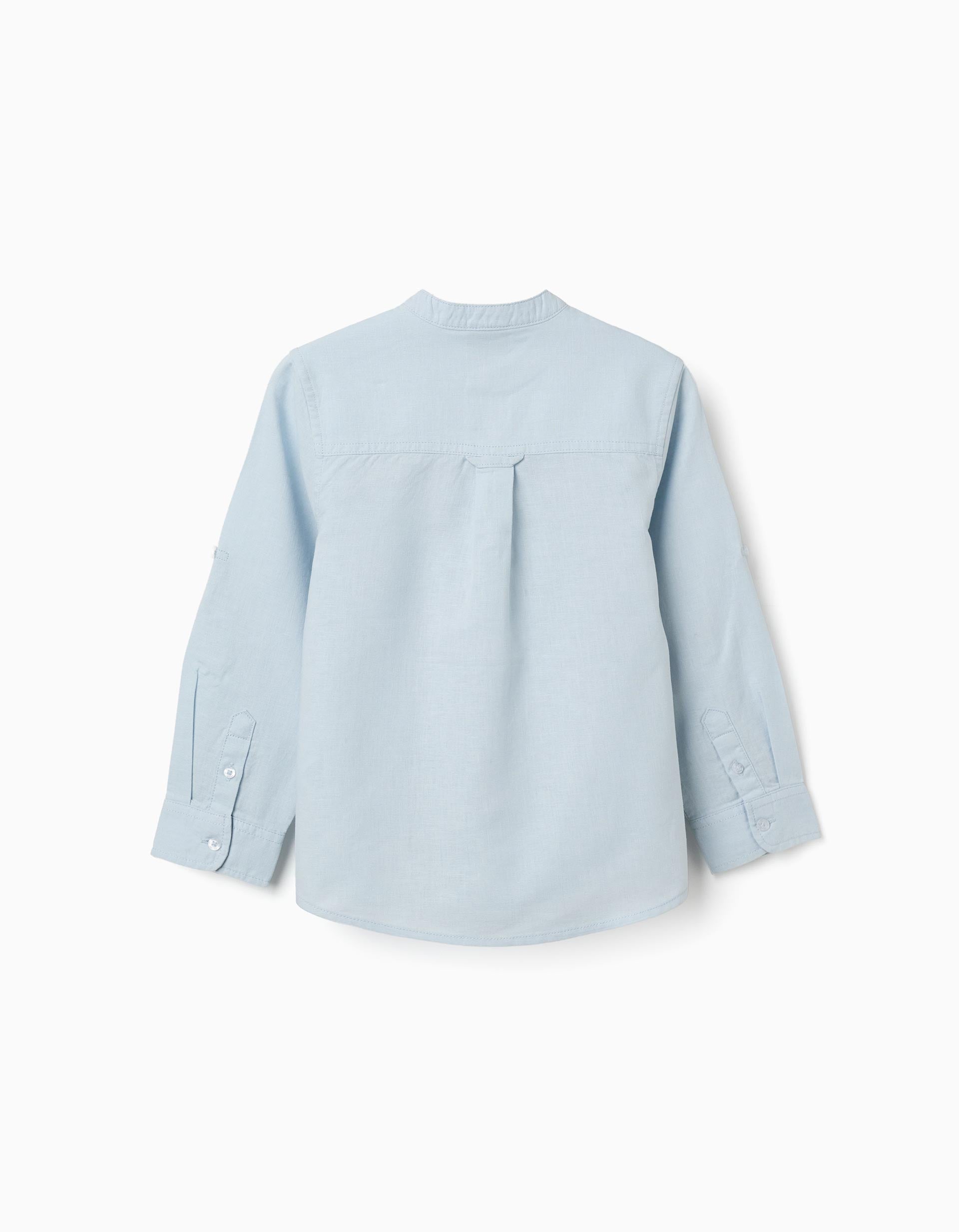 Long sleeve shirt in linen and cotton with mao collar for boys, light blue