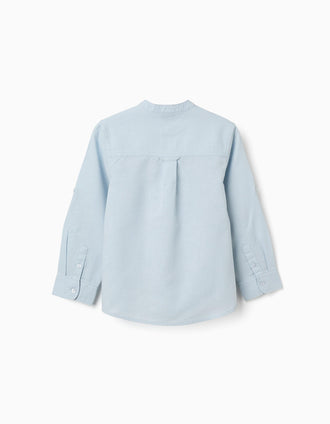 Long sleeve shirt in linen and cotton with mao collar for boys, light blue