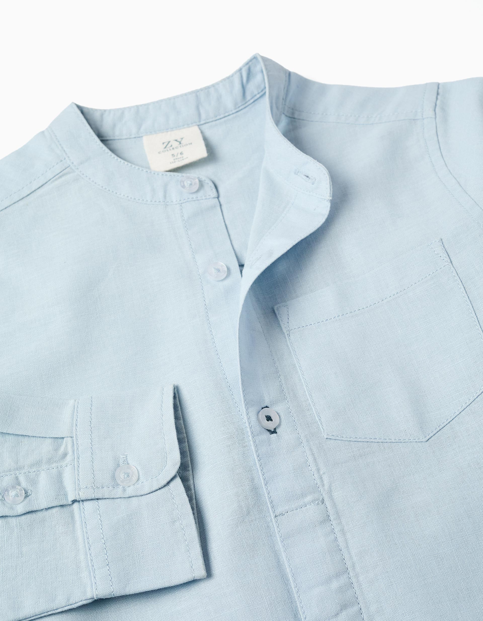 Long sleeve shirt in linen and cotton with mao collar for boys, light blue