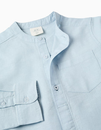 Long sleeve shirt in linen and cotton with mao collar for boys, light blue