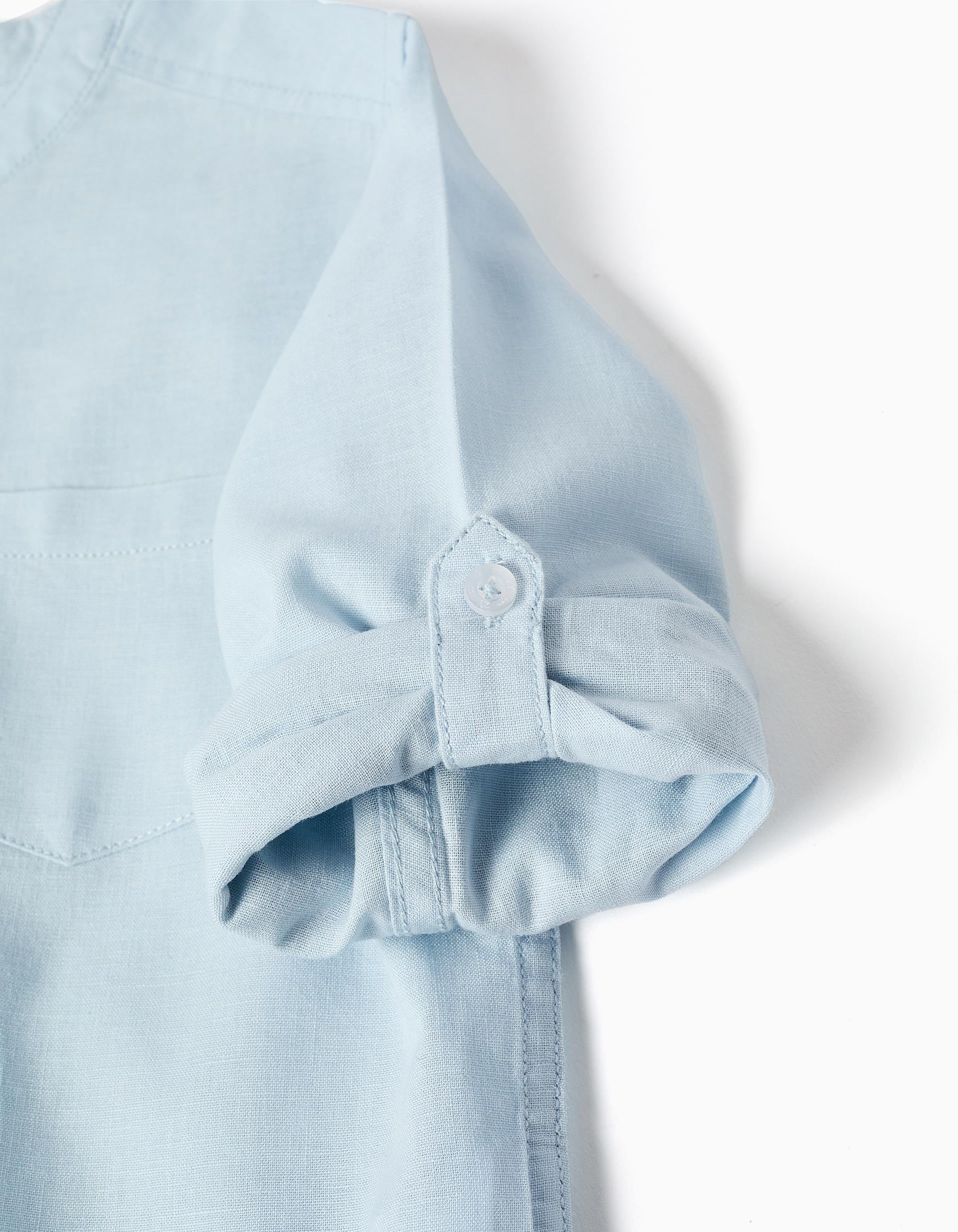 Long sleeve shirt in linen and cotton with mao collar for boys, light blue