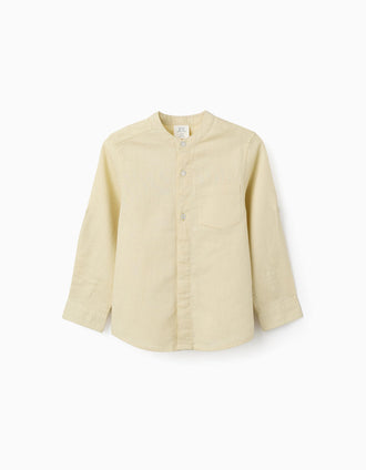 Camisa de manga comprida em linho com gola mao para menino, amarelo