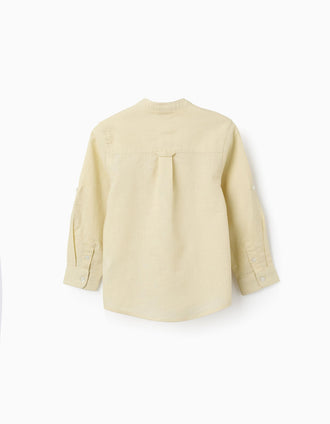 Camisa de manga comprida em linho com gola mao para menino, amarelo