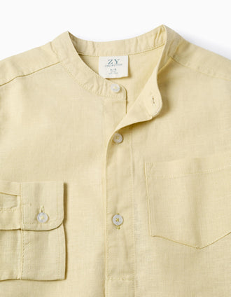 Camisa de manga comprida em linho com gola mao para menino, amarelo