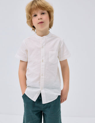 Camisa de manga comprida em linho com gola mao para menino, branco