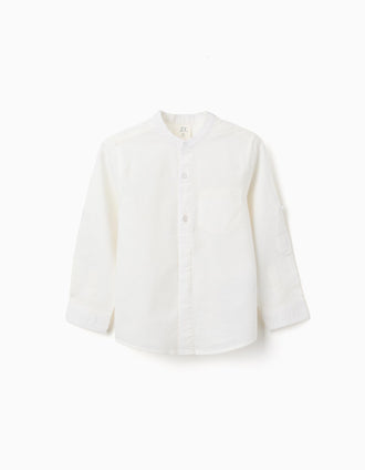 Camisa de manga comprida em linho com gola mao para menino, branco