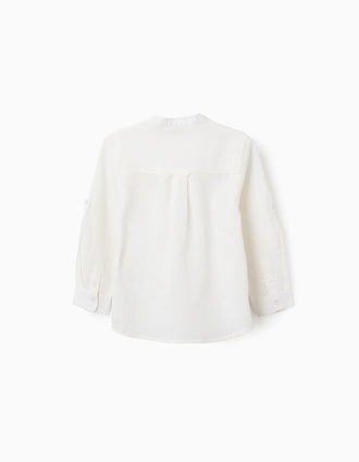 Camisa de manga comprida em linho com gola mao para menino, branco