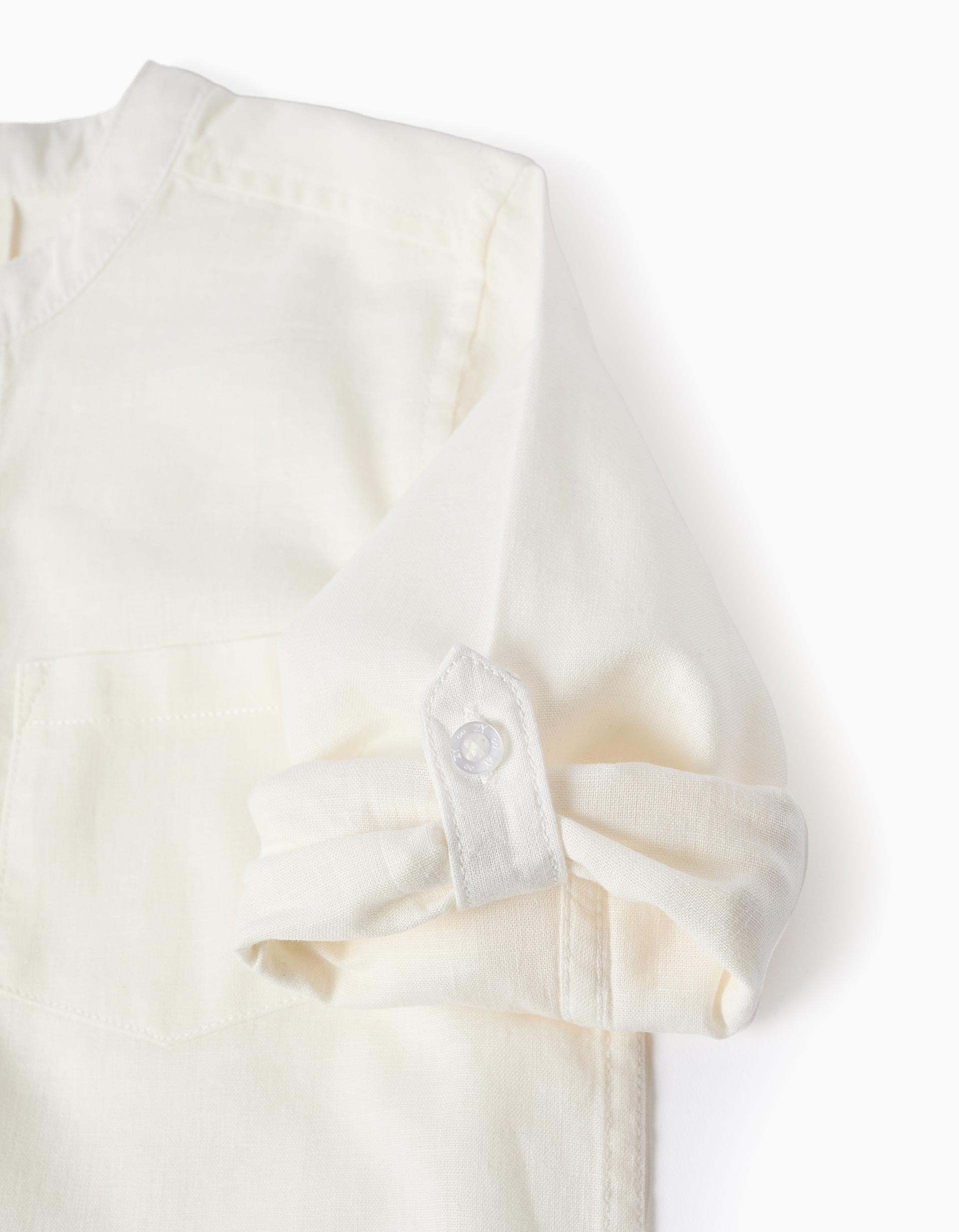 Camisa de manga comprida em linho com gola mao para menino, branco