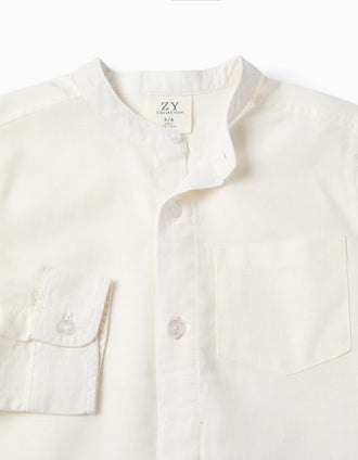 Camisa de manga comprida em linho com gola mao para menino, branco