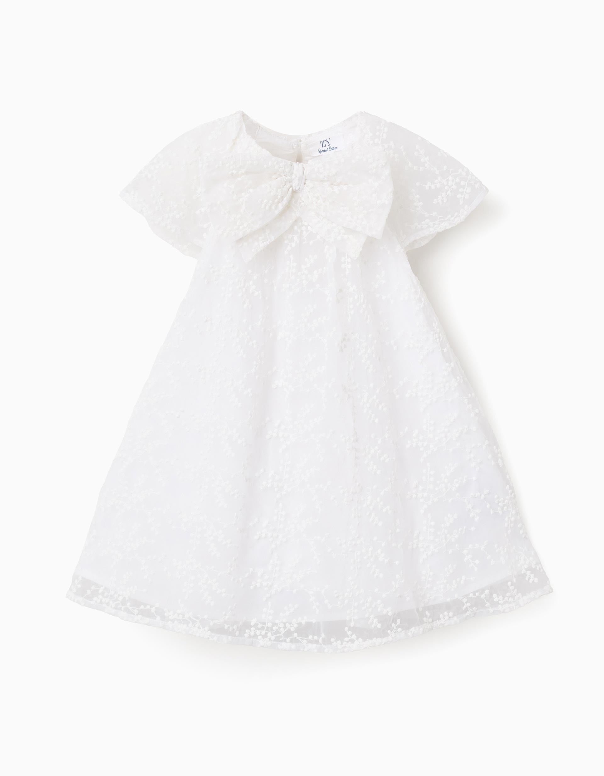 Robe avec nœud et manches cape à volants pour bébé fille, blanc