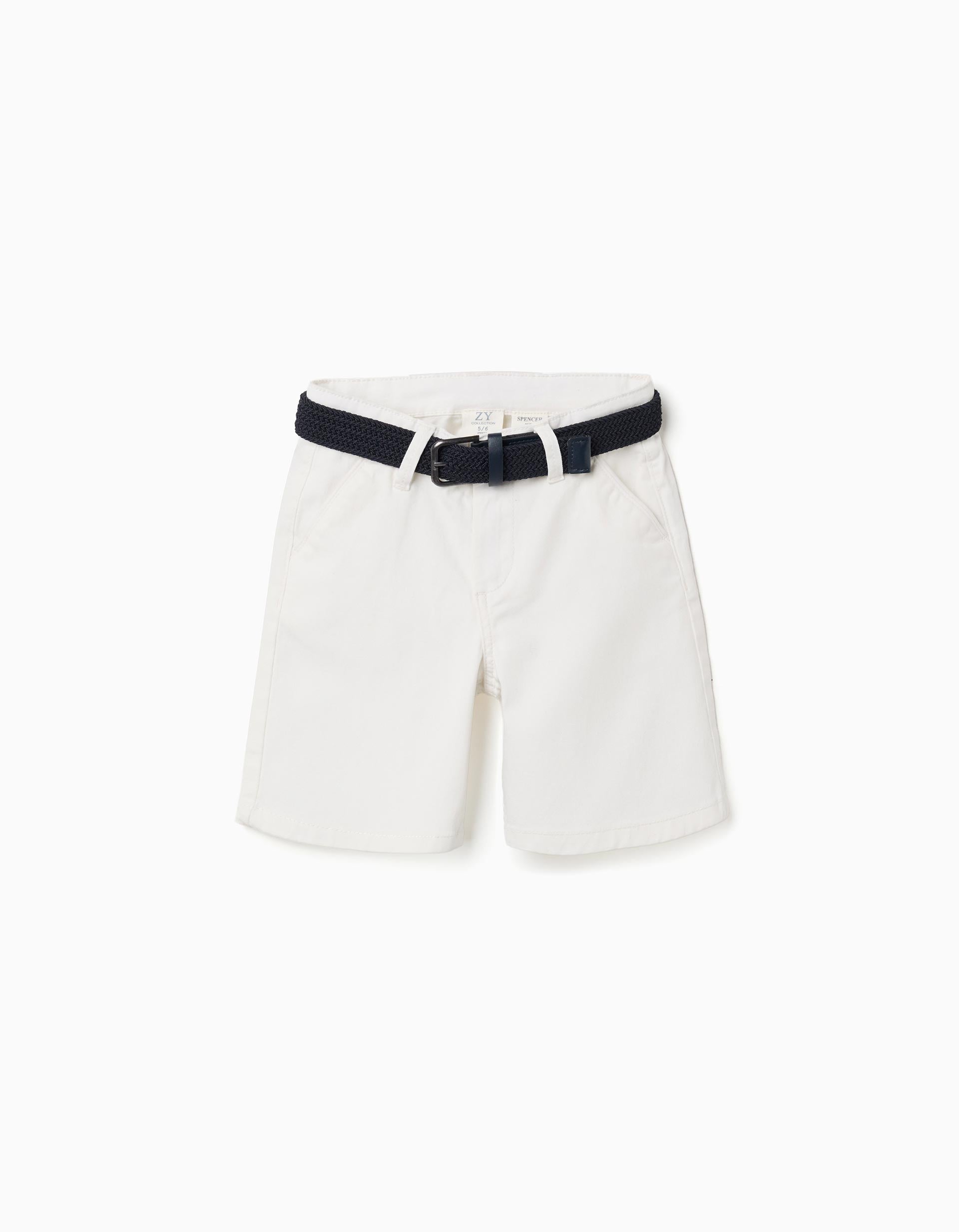 Twill midi shorts with belt for boys, white