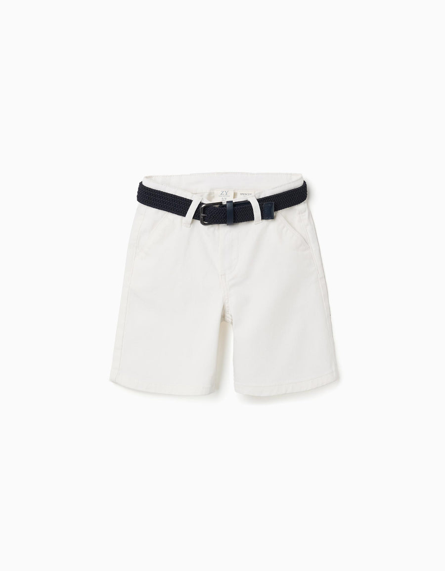 Twill midi shorts with belt for boys, white