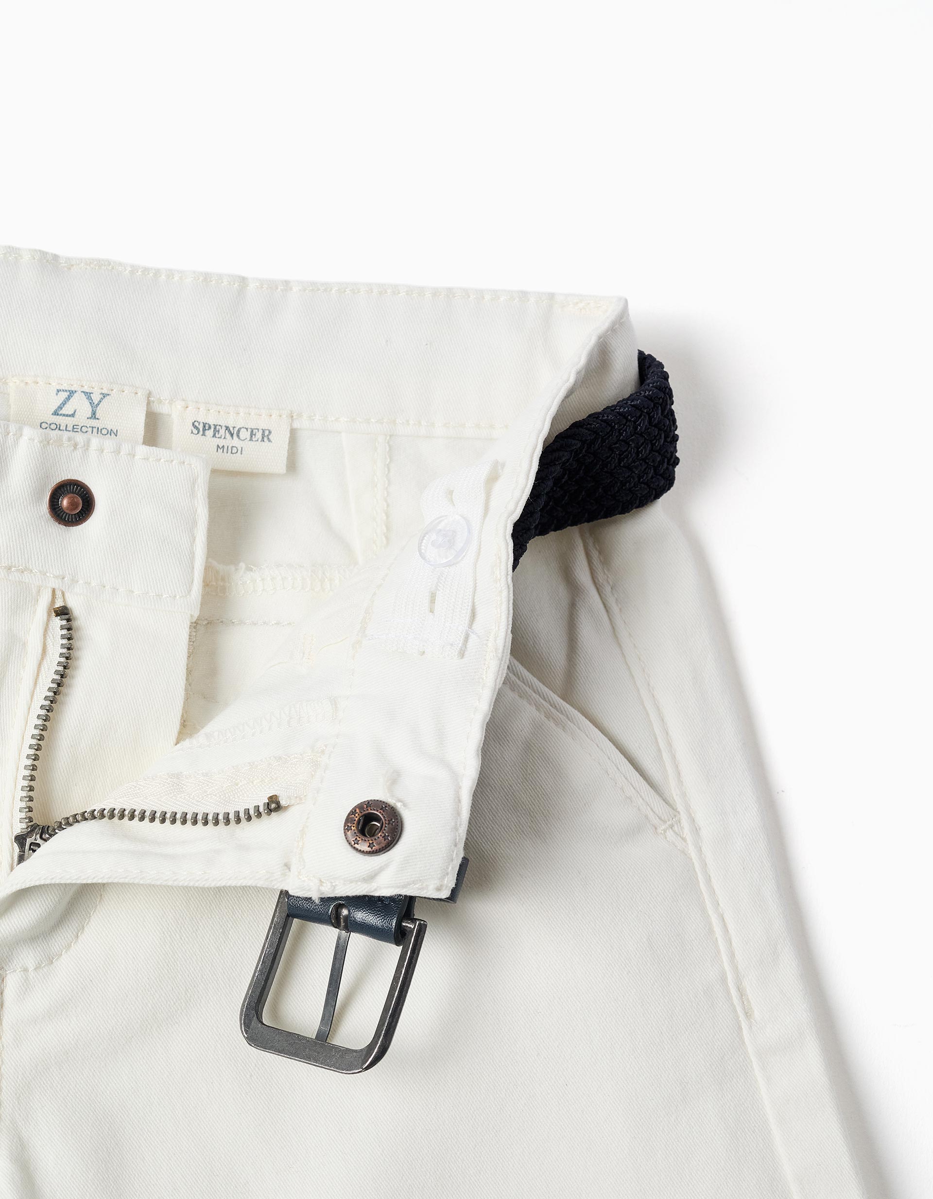 Short midi en sergé avec ceinture pour garçon, blanc