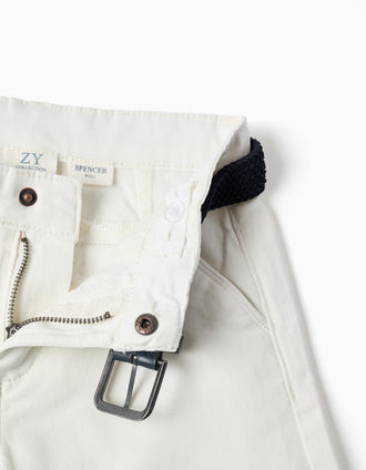 Twill midi shorts with belt for boys, white