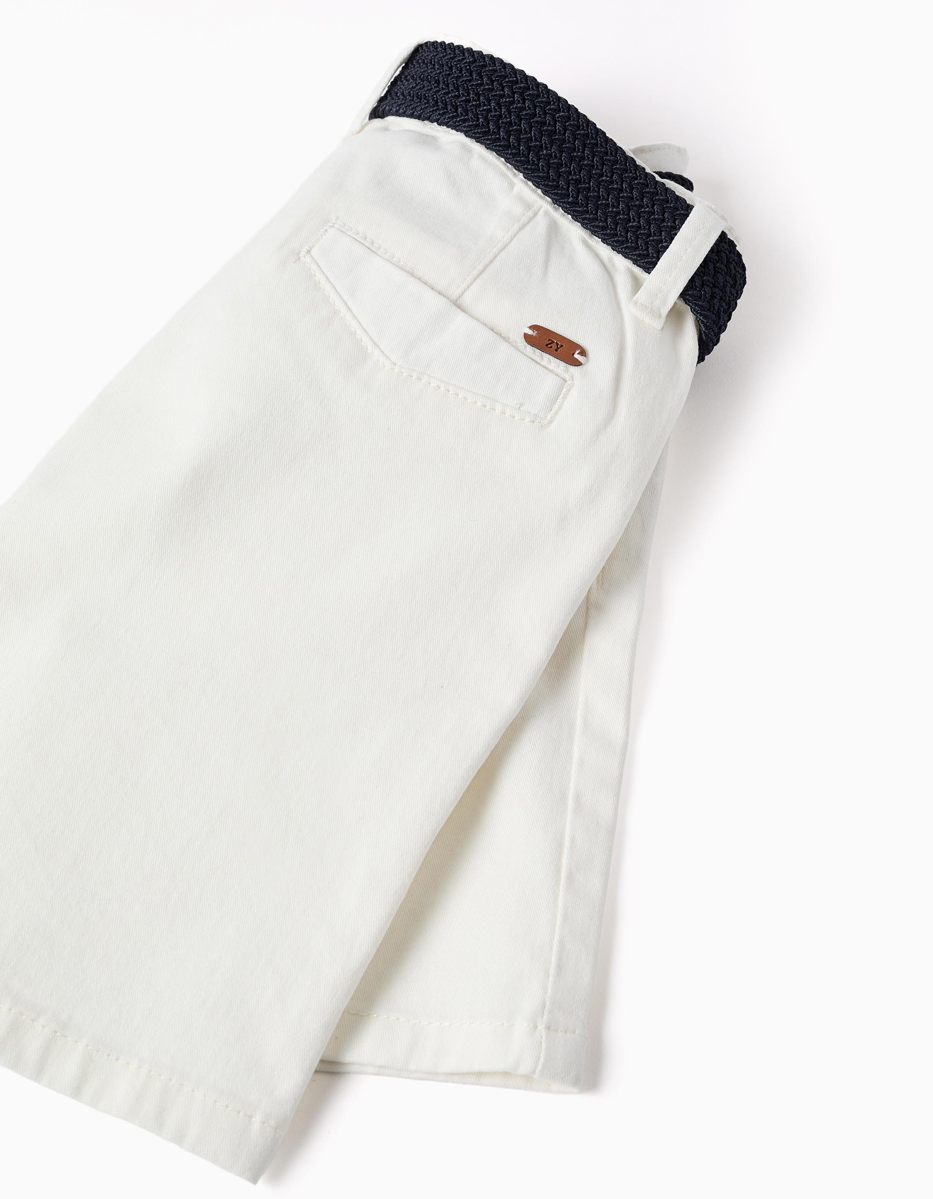 Short midi en sergé avec ceinture pour garçon, blanc