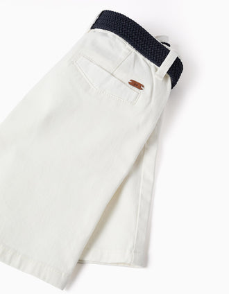 Twill midi shorts with belt for boys, white