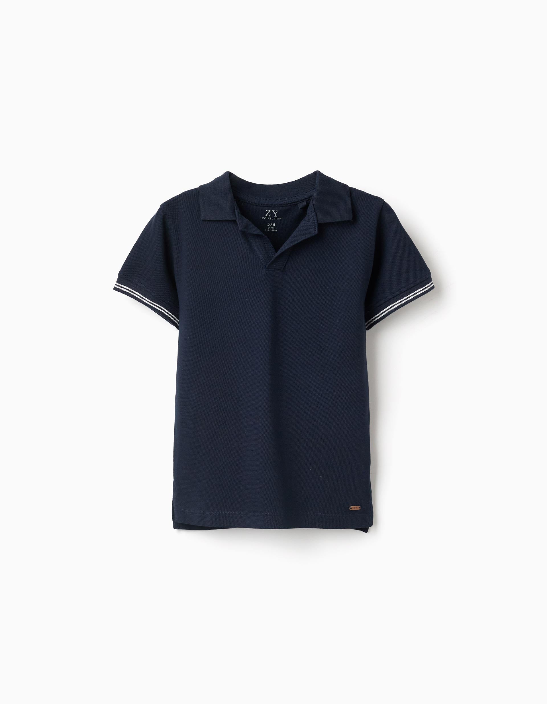 Polo de piqué de algodón con mangas a rayas para niño, azul oscuro
