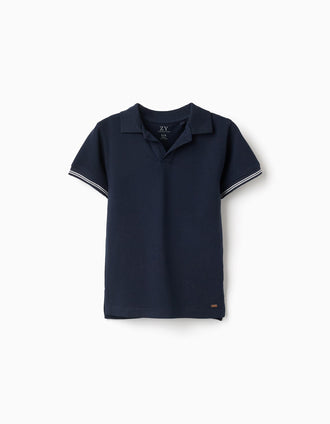 Polo de piqué de algodón con mangas a rayas para niño, azul oscuro