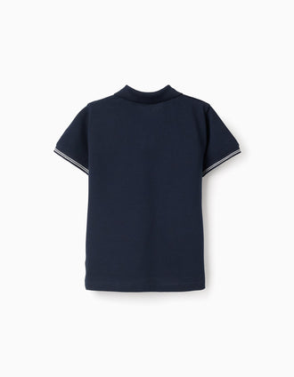 Polo de piqué de algodón con mangas a rayas para niño, azul oscuro