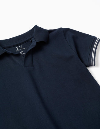 Polo de piqué de algodón con mangas a rayas para niño, azul oscuro