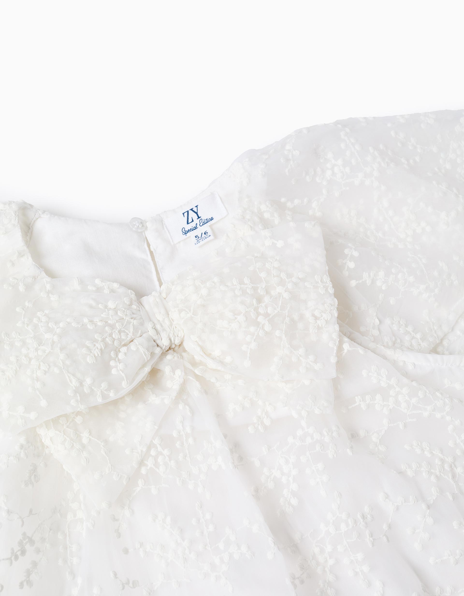 Vestido com laço e mangas estilo capa para menina, branco