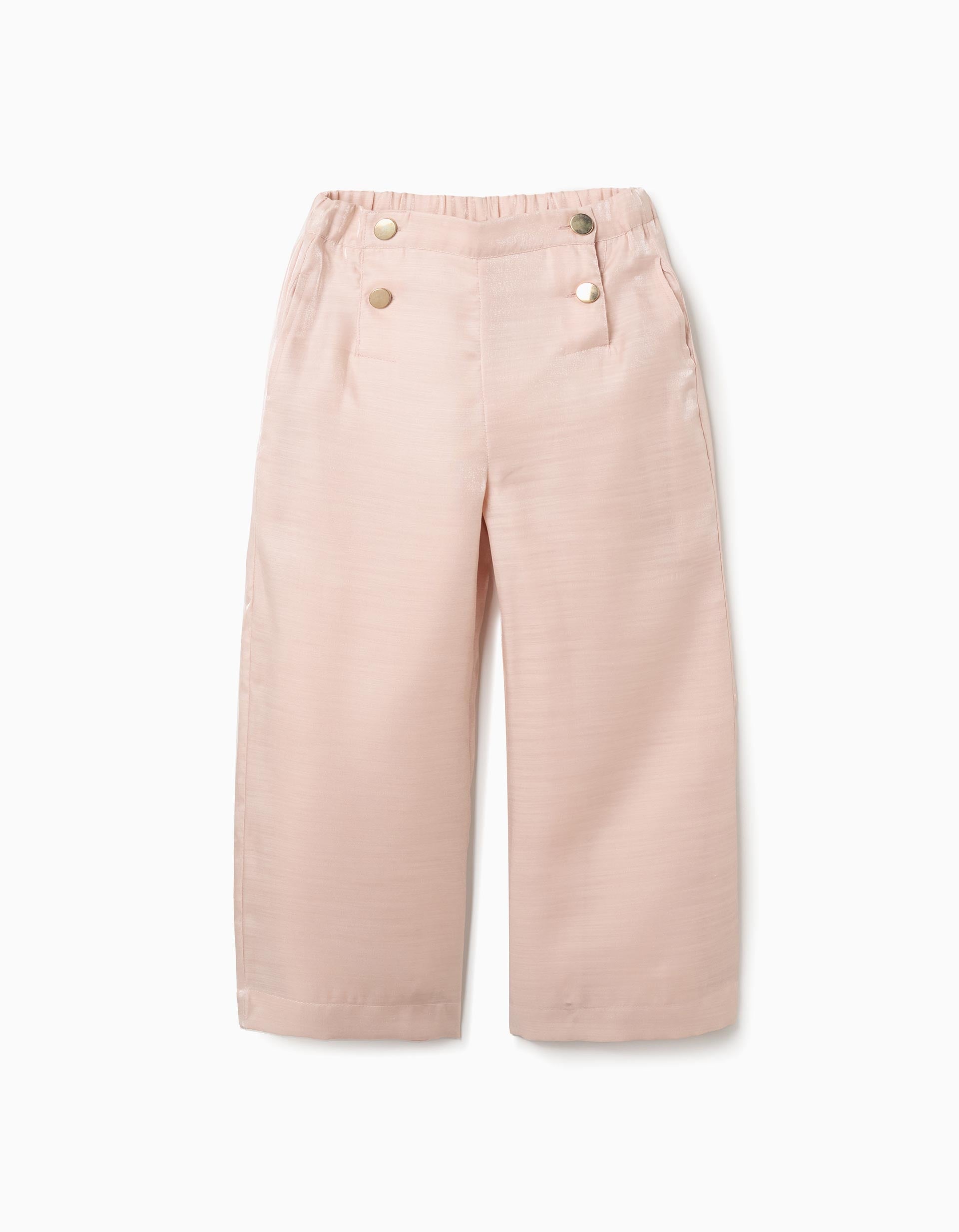 Calças wide leg em acetato com botões decorativos para menina, rosa