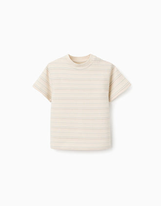 T-shirt de algodão com riscas em jacquard para bebé menino, bege-claro