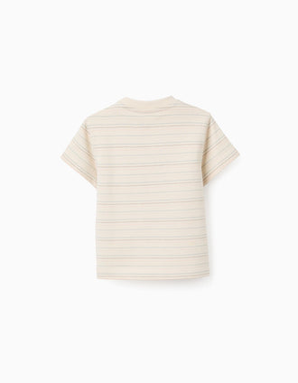 T-shirt de algodão com riscas em jacquard para bebé menino, bege-claro