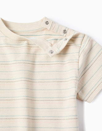 T-shirt de algodão com riscas em jacquard para bebé menino, bege-claro