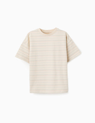 Cotton T-shirt with jacquard stripes for boys, light beige