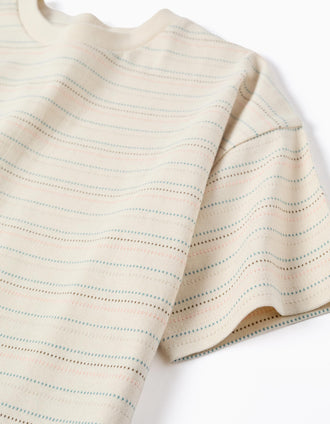 Cotton T-shirt with jacquard stripes for boys, light beige