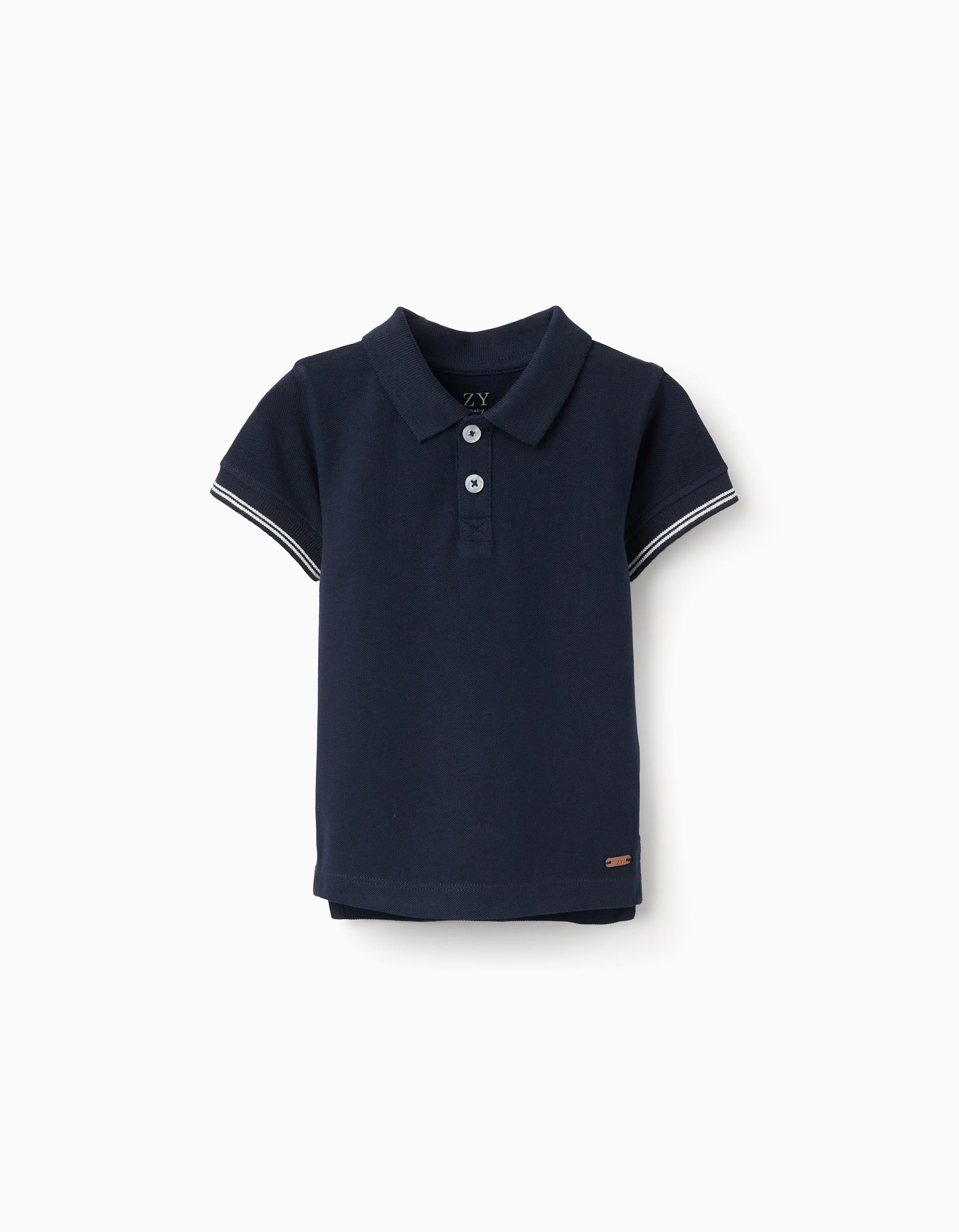 Polo en piqué à manches à rayures pour bébé garçon, bleu foncé