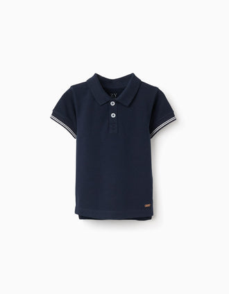 Polo em piqué com mangas às riscas para bebé menino, azul-escuro