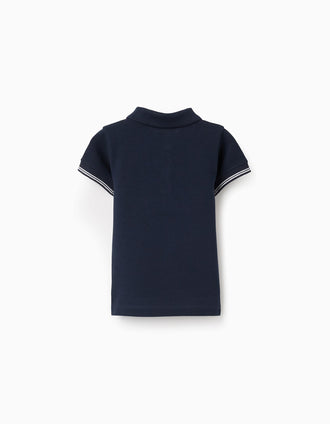Polo em piqué com mangas às riscas para bebé menino, azul-escuro