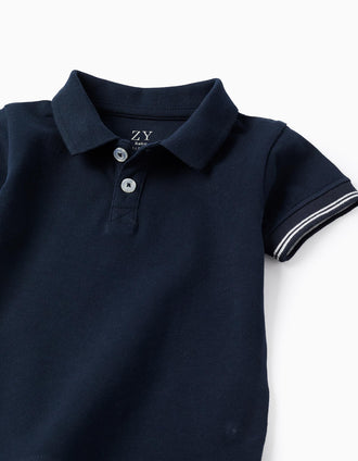 Polo em piqué com mangas às riscas para bebé menino, azul-escuro