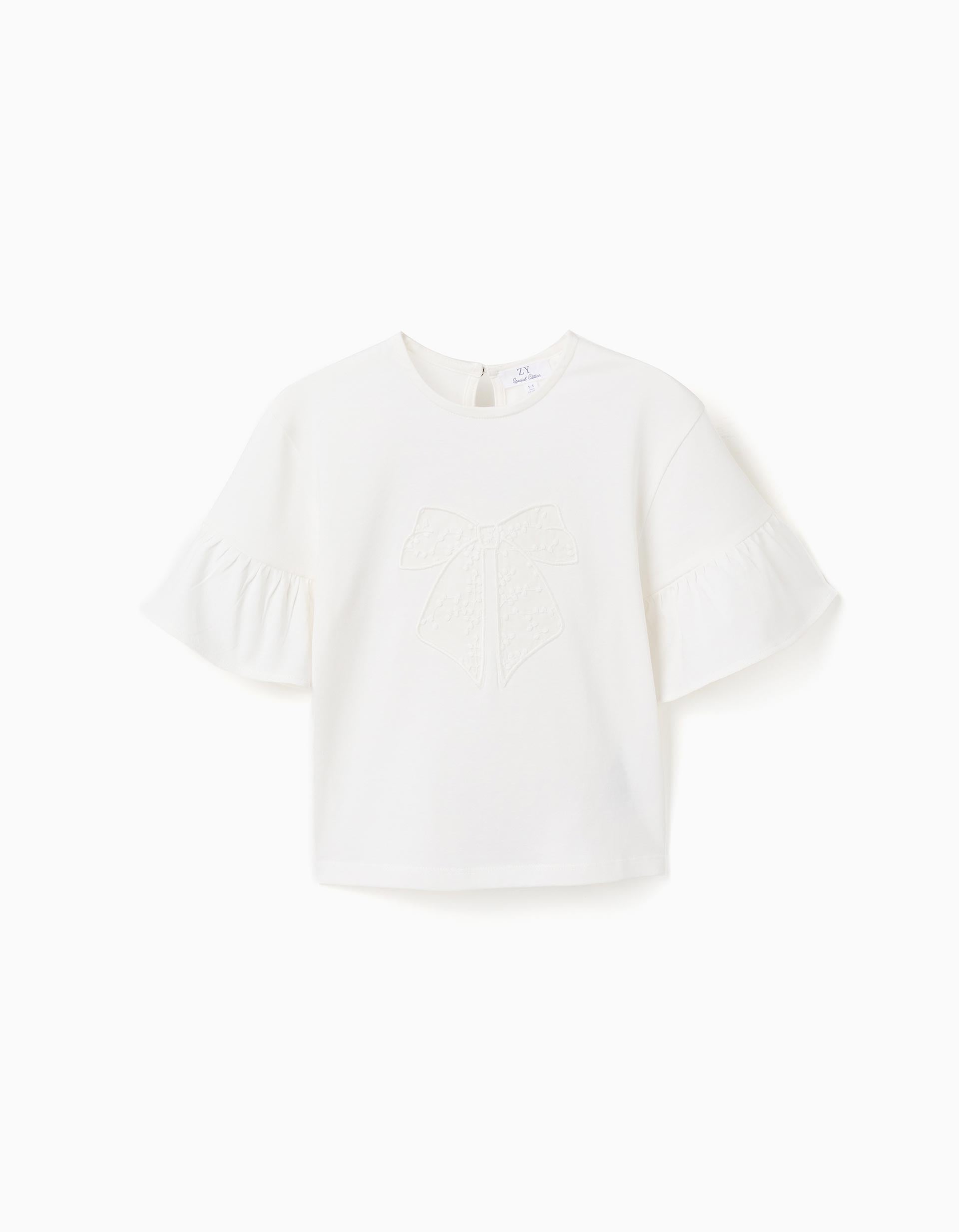 T-shirt de algodão com folhos e laço bordado para menina, branco