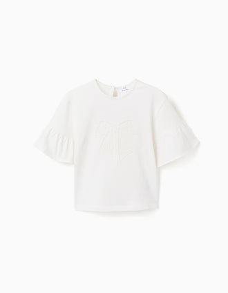 Camiseta con volantes y lazo bordado para niña, blanco