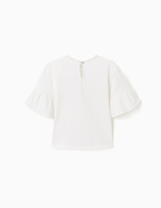 Camiseta con volantes y lazo bordado para niña, blanco