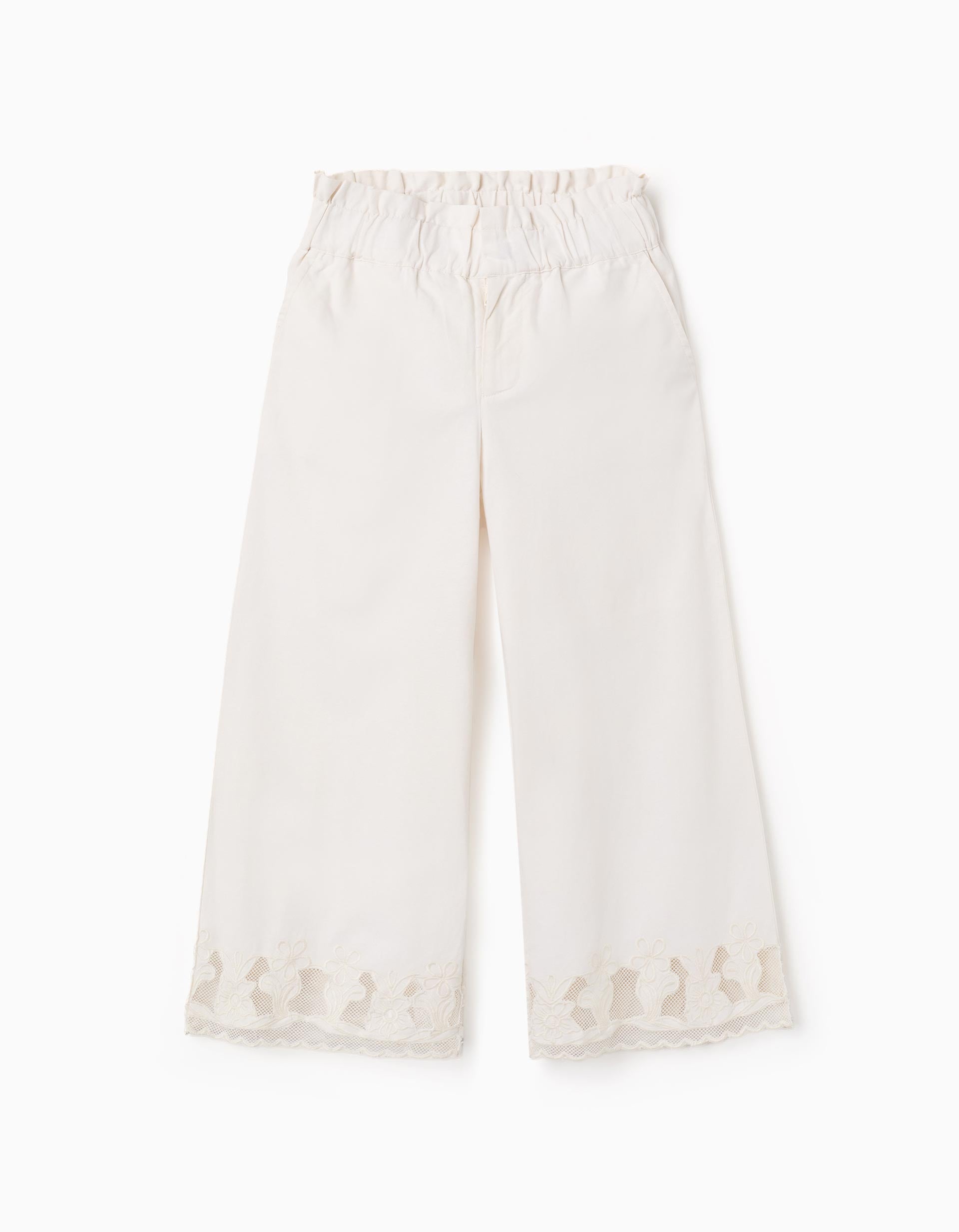 Calças de algodão wide leg com flores bordadas para menina, branco