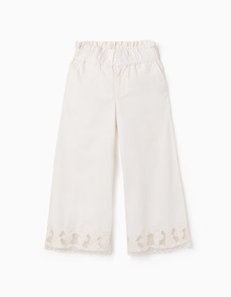 Pantalón de algodón wide leg con flores bordadas para niña, blanco