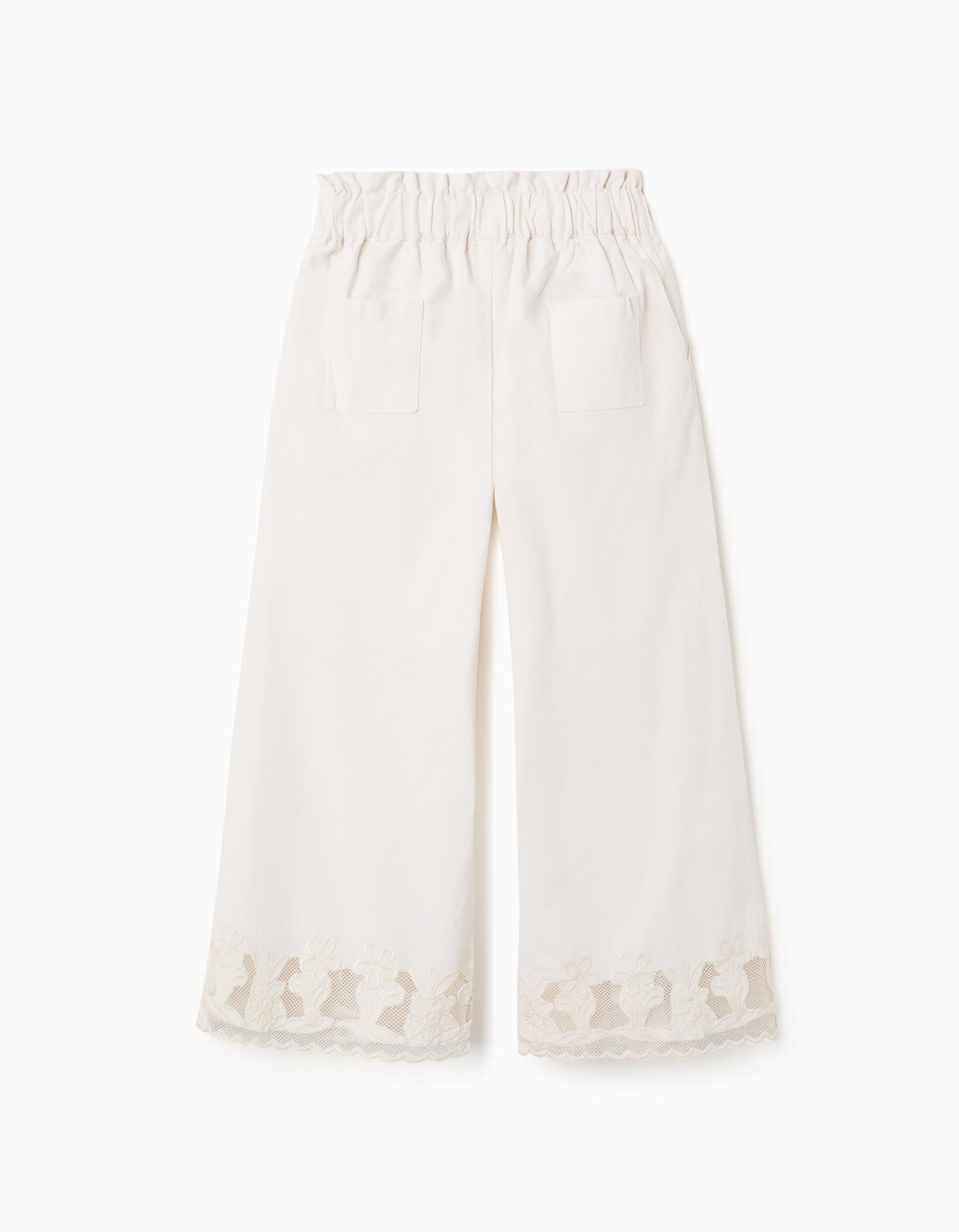 Calças de algodão wide leg com flores bordadas para menina, branco